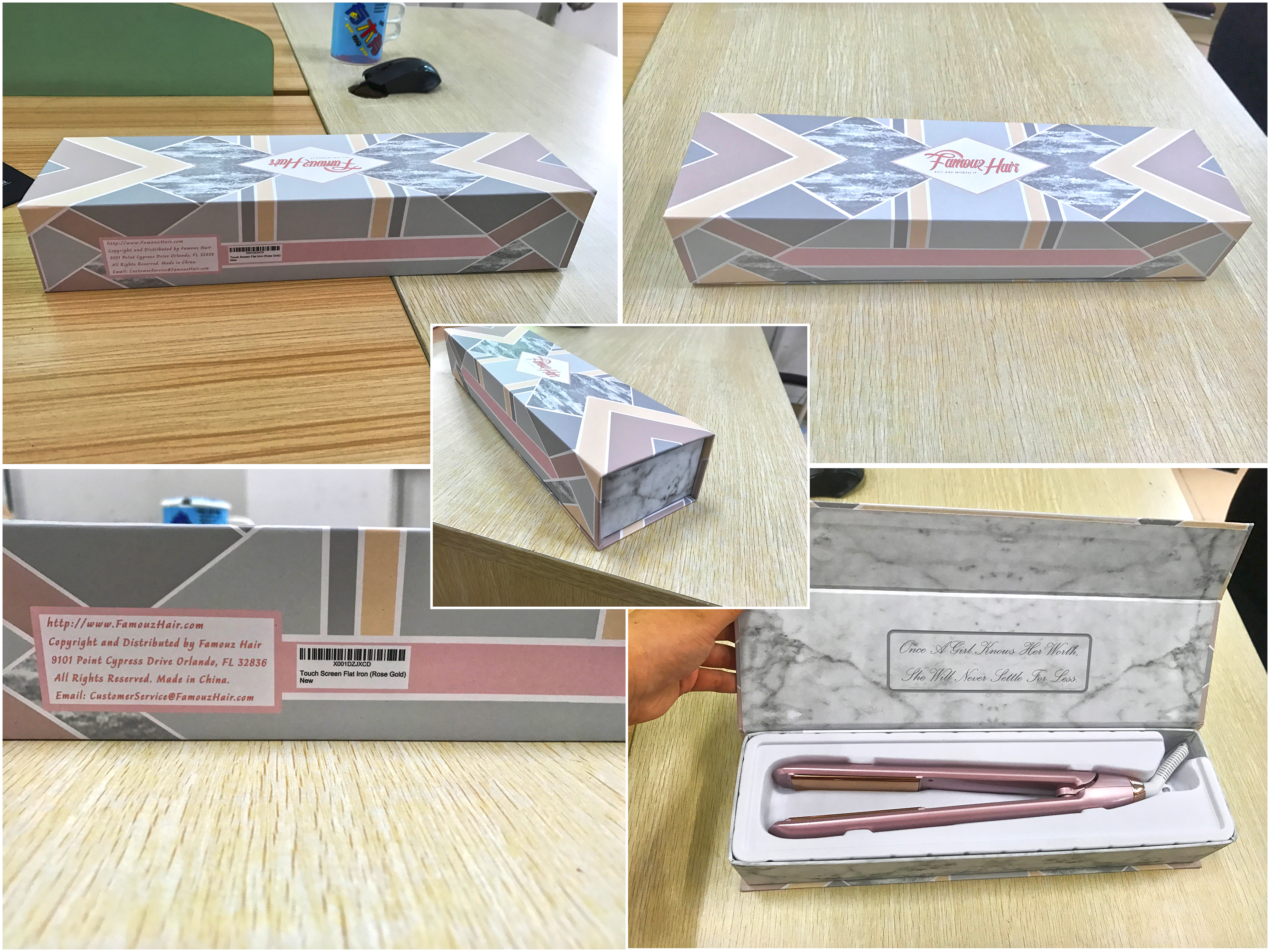 Famouz Hair packaging print design for flat iron in collage of photos.