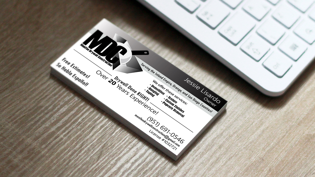 MDC black and white print business card design.