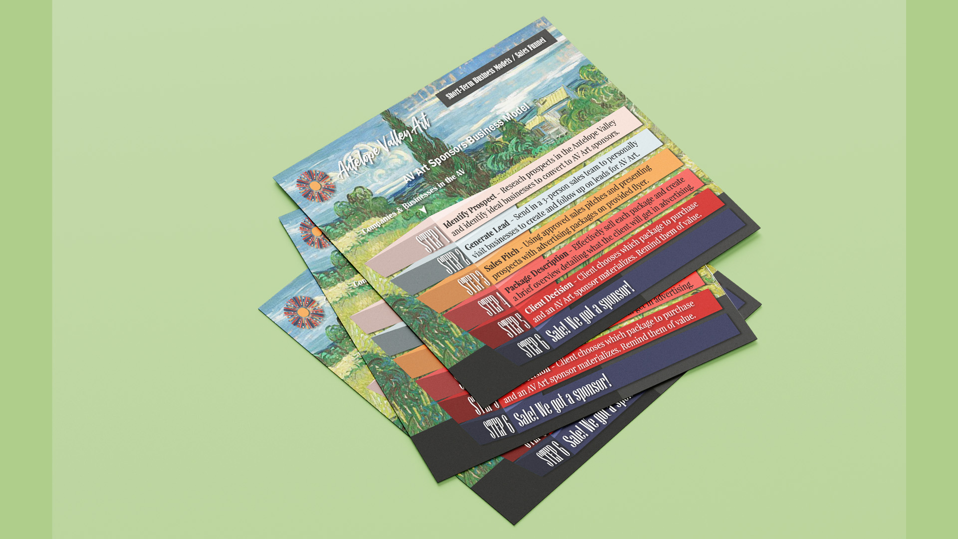 Cardstock leaflet print with colorful creative sales funnel and business model design.