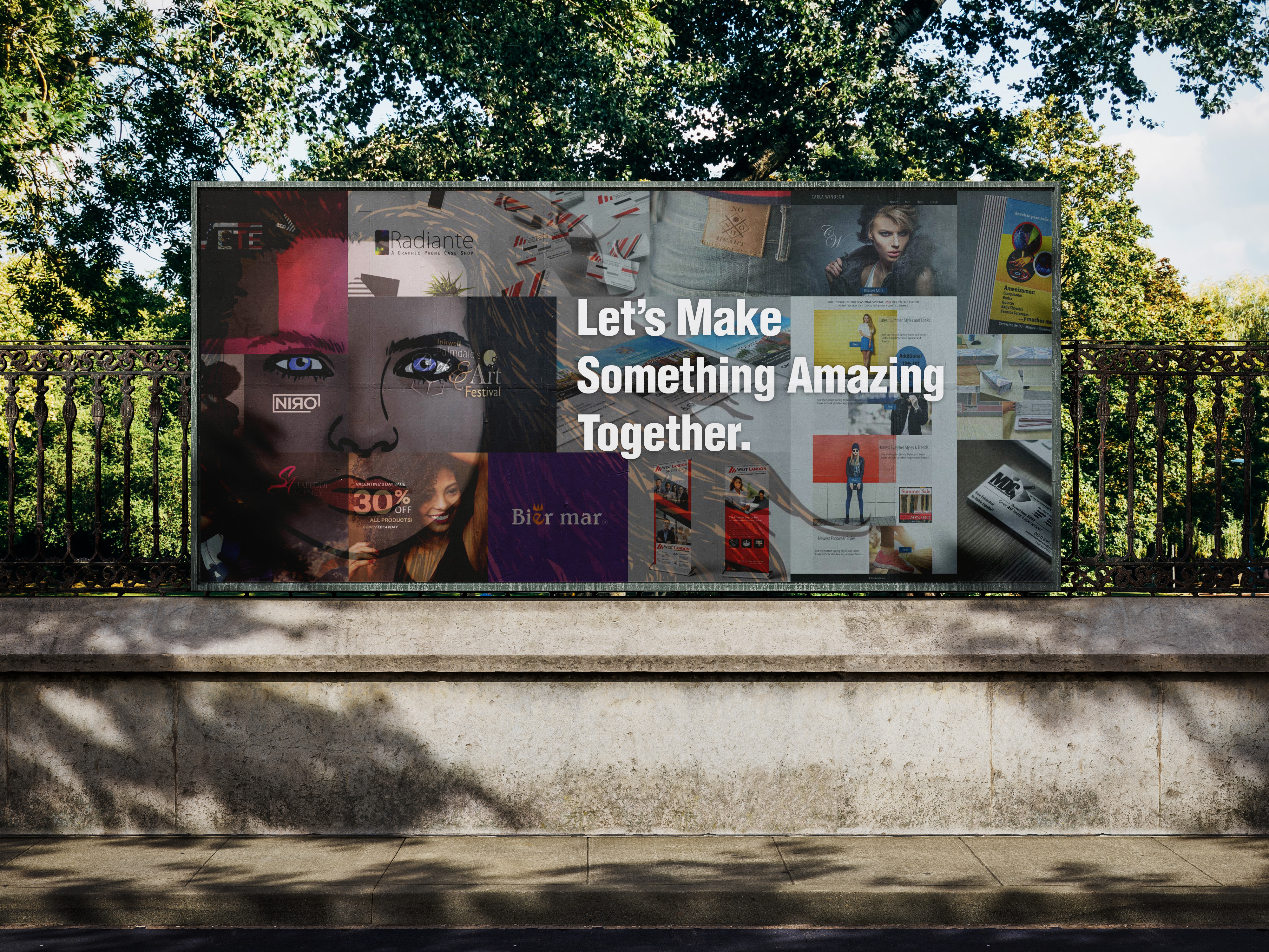 Billboard outside with print graphic of beautiful woman with different designs layered in background.
