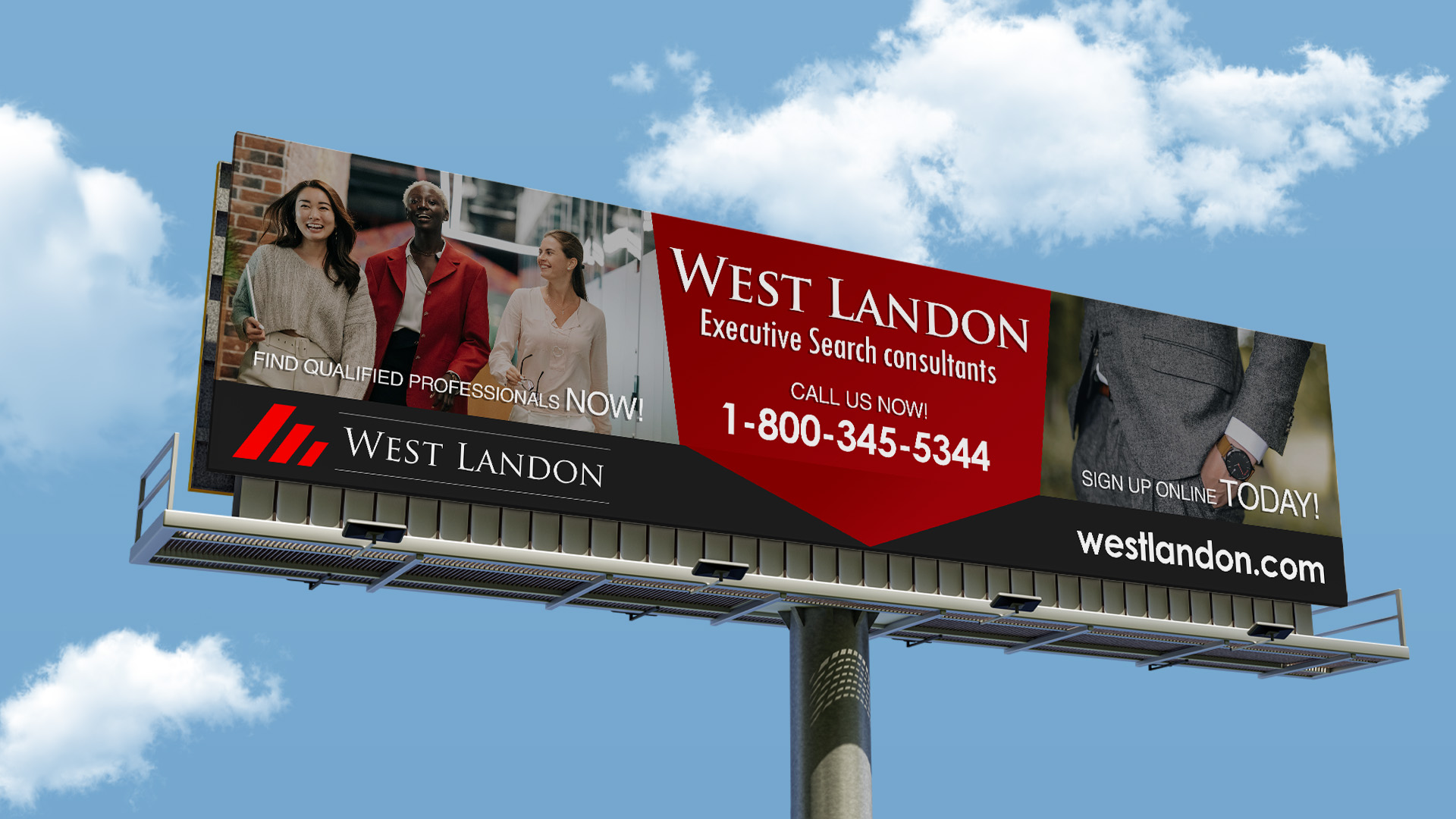 Large West Landon billboard with brand, website, and contact information.